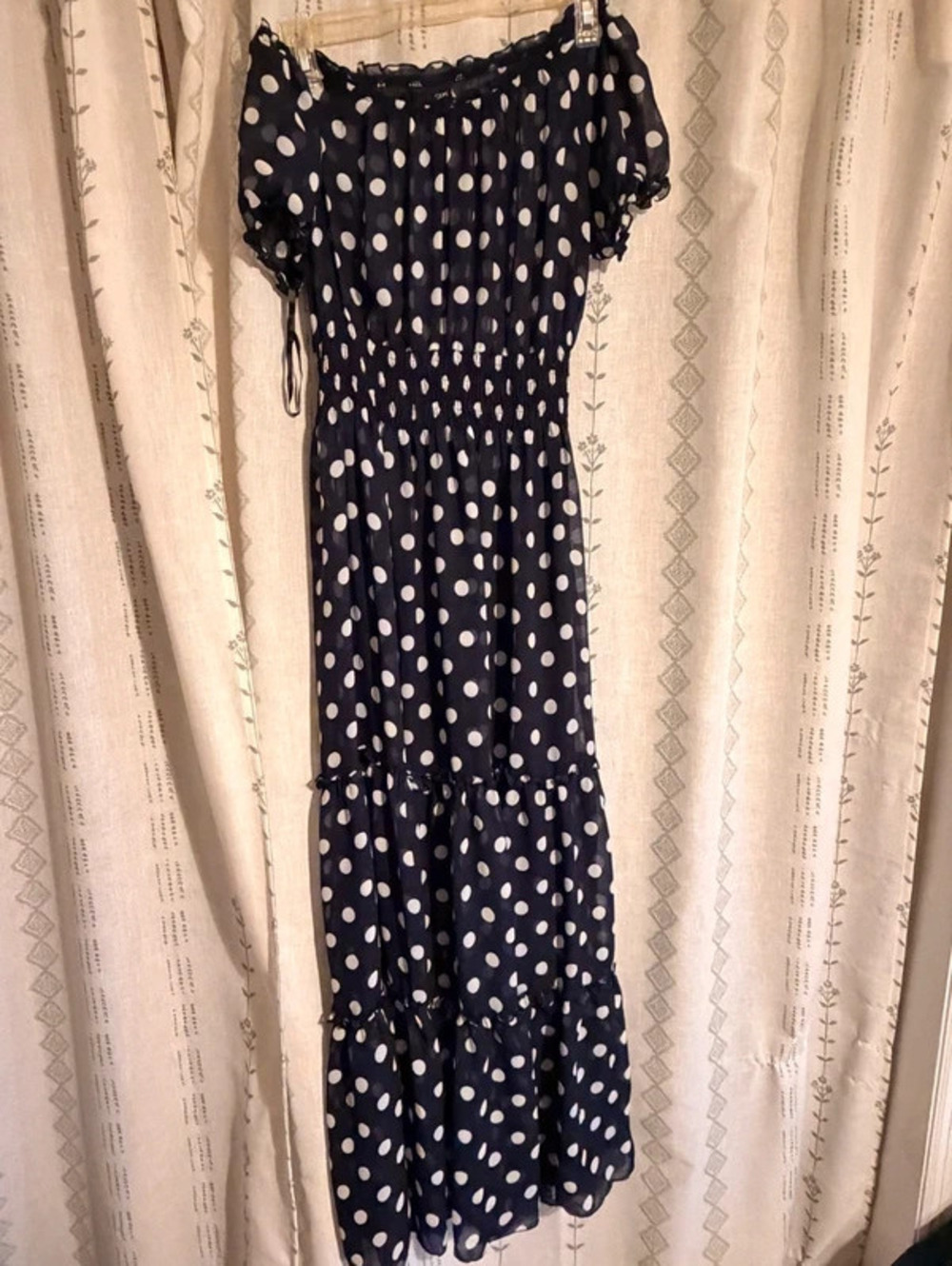 En focus studio Navy & White Polka Dot Off the Shoulder Winter Formal Dress- 6
